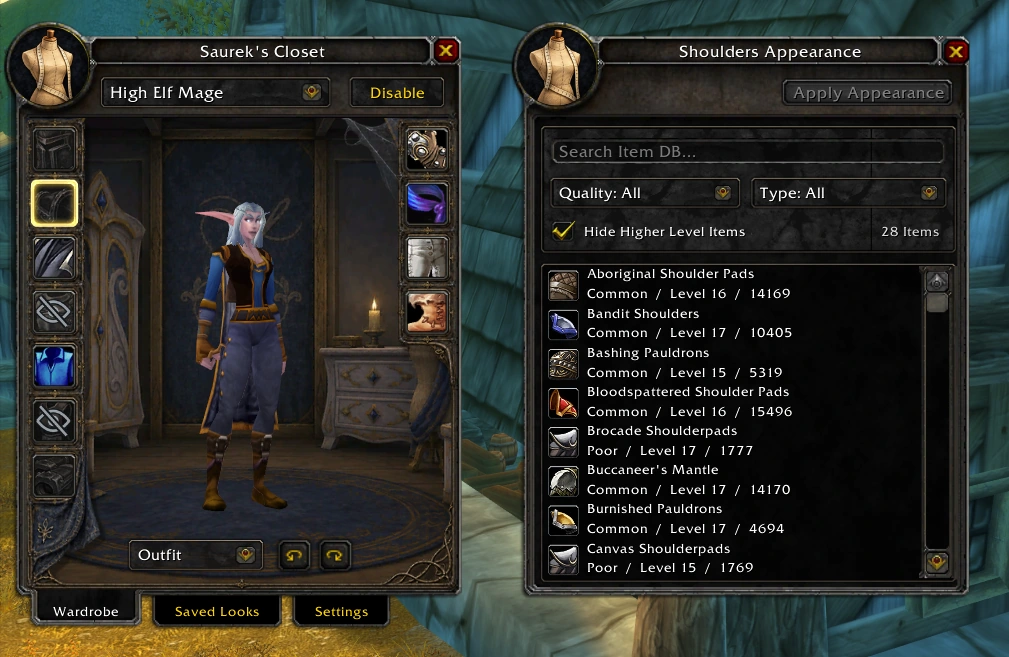 Wardrobe and item appearance browser, alternate view